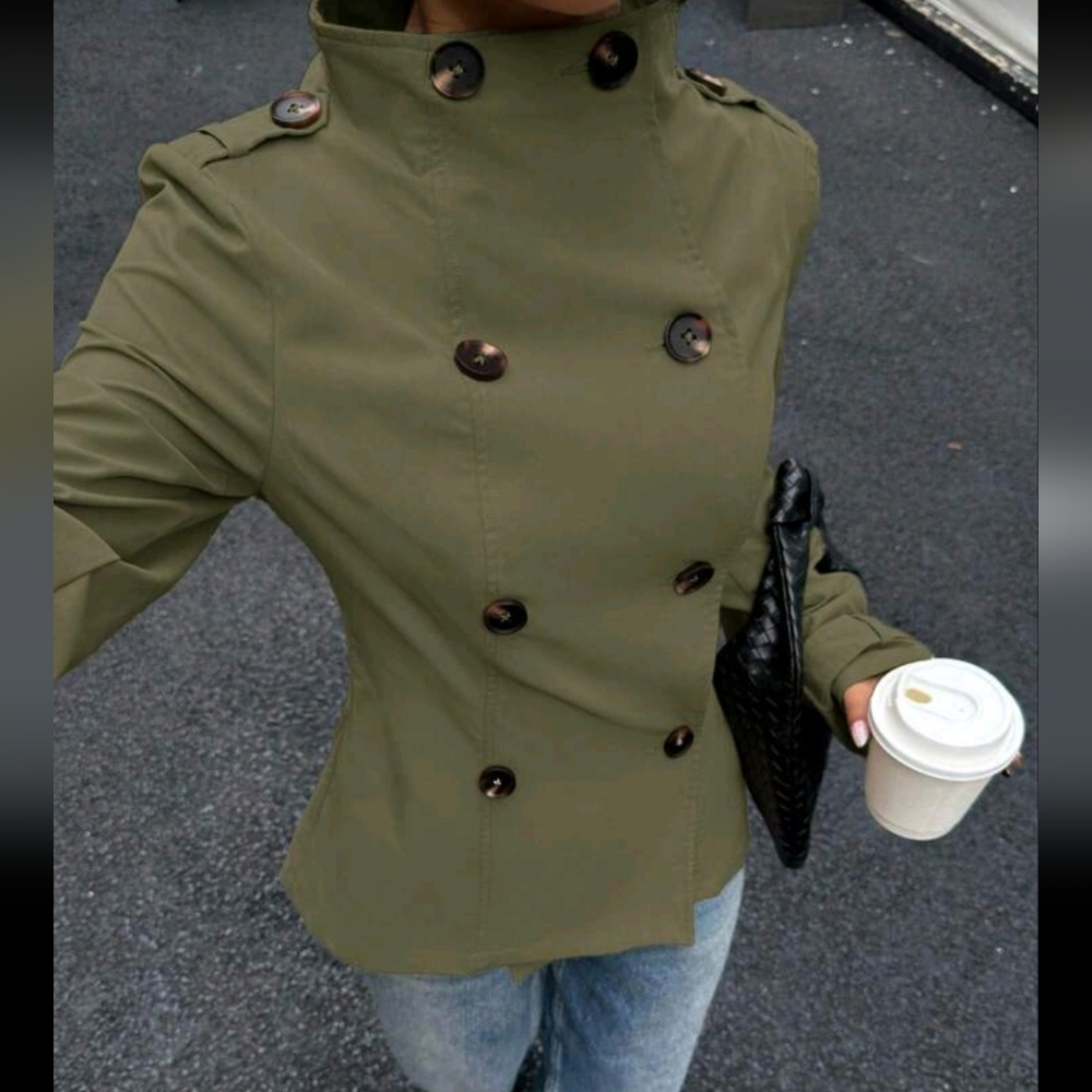 Women's Woven Solid Color Long Sleeve Double-Breasted Casual Trench Coat - Picture 4 of 5